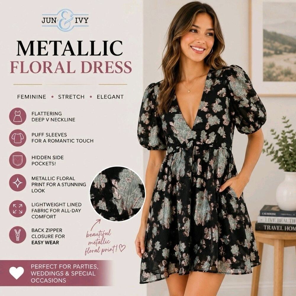 Jun & Ivy Metallic Black Floral Puff Sleeve Babydoll Mini Dress Pockets Size XS